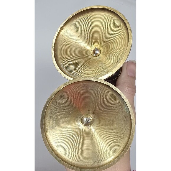 Vintage Pair of MCM Teak Wood & Brass Candle Stick Holders Tapered 3.5" - Picture 2 of 12